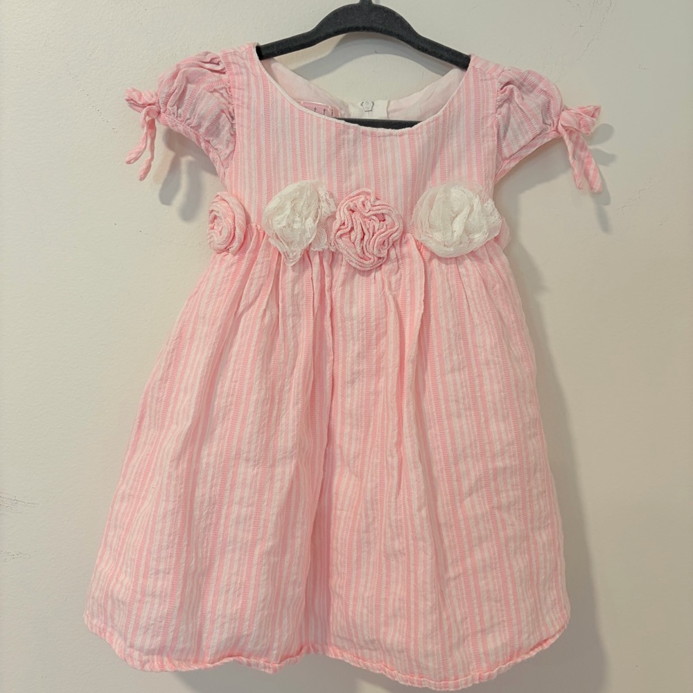 Biscotti Collection Girls 18M Dress Pink 3D Floral Stripe Cotton Easter Spring